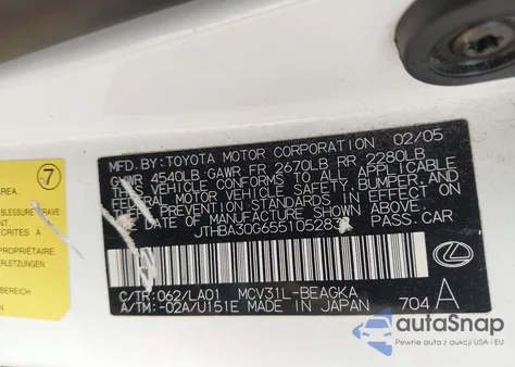 2005 Lexus Es 330 из США, поврежденный, VIN JTHBA30G655105283